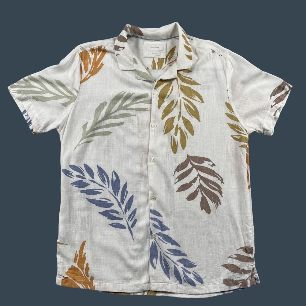 Porter‎ & Ash Linen Button Down Shirt Mens Large White w/ Colorful Palms resort
